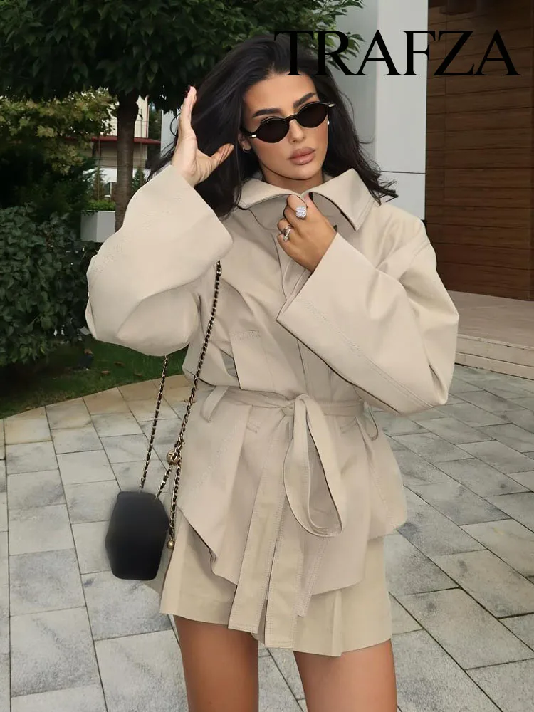 

HH Women High Street Short Coat Pockets Lapel Wear Belt Single-breasted Women Autumn Fashion Long Sleeves Solid Jackets