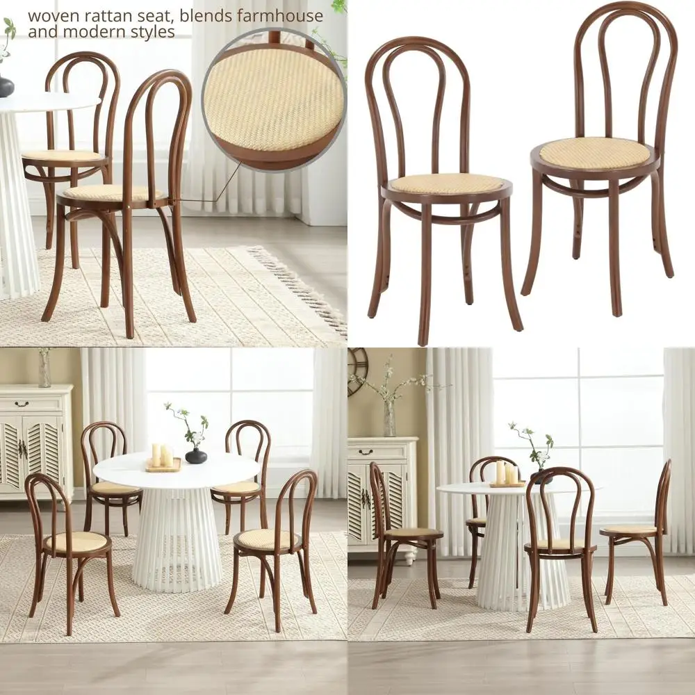 

Mid-Century Modern Rattan Dining Chairs Set of 2, Walnut Wood, Curved Backrest & Arms, No Assembly Needed