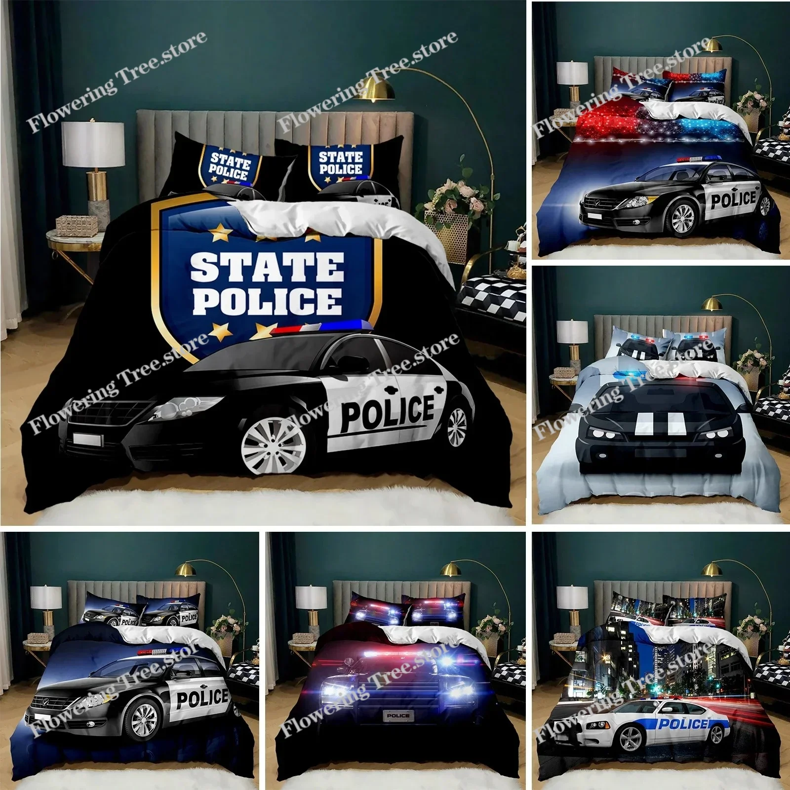 

Police Duvet Cover Car Black Policeman Car Twin Bedding Set Cartoon Vehicle Comforter Cover Red Cop Lights Polyester Quilt Cover