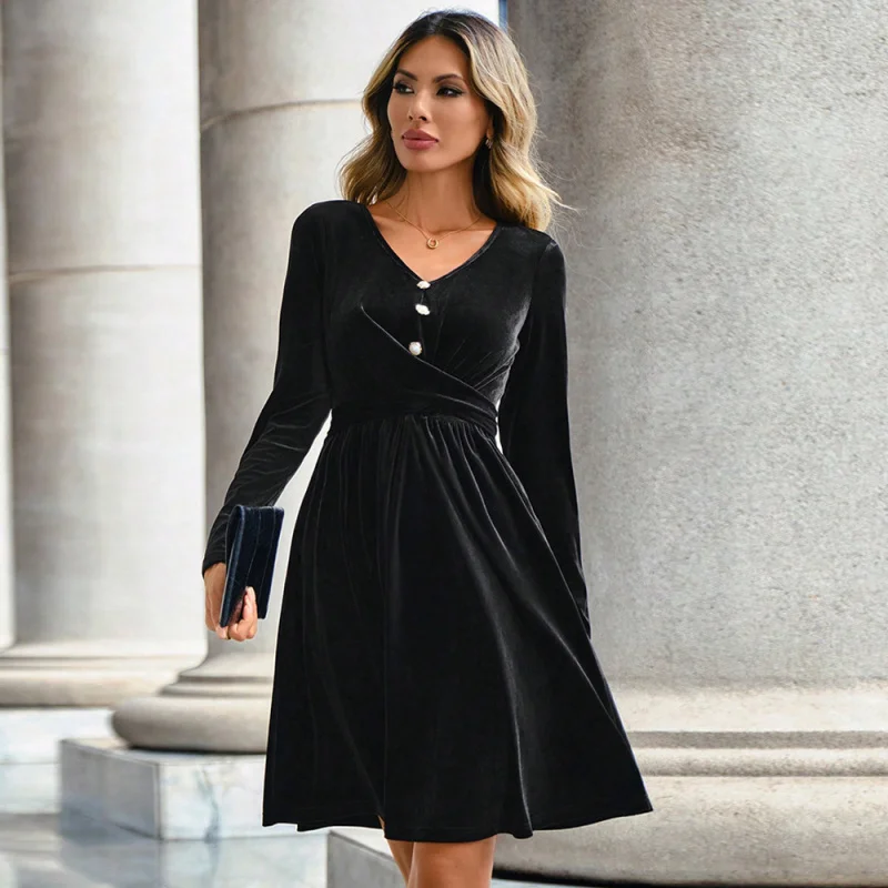 

YQ1-Women's French Style BlackVCollared Waist-Cinching Niche Hepburn Style Elegant Little Black Dress Velvet Dress