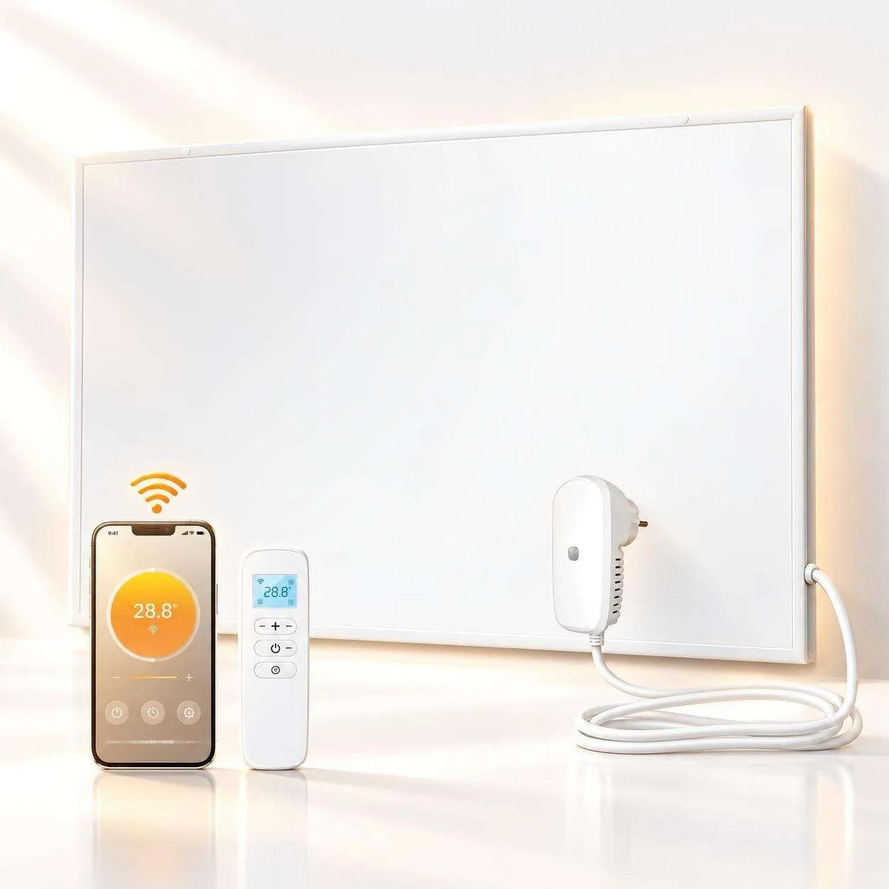 Panel grzewczy na podczerwień z grafenem, montowany na ścianie, o mocy 850 W i 1050 W, z cyfrowym timerem i regulatorem temperatury, wodoodporny (IP54), cichy, do użytku domowego.