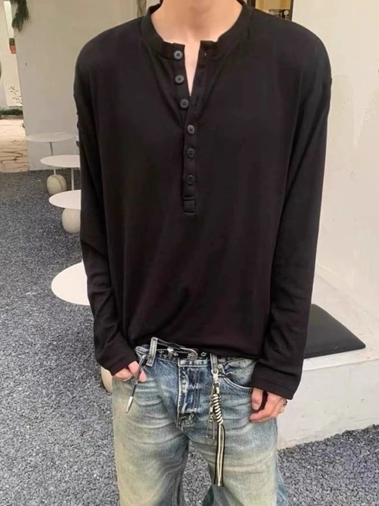 Men's Cleanfit Waffle Henley Shirt Vintage American Casual Long Sleeve T-Shirt Soft Breathable Loose Fit Basic Tee Streetwear