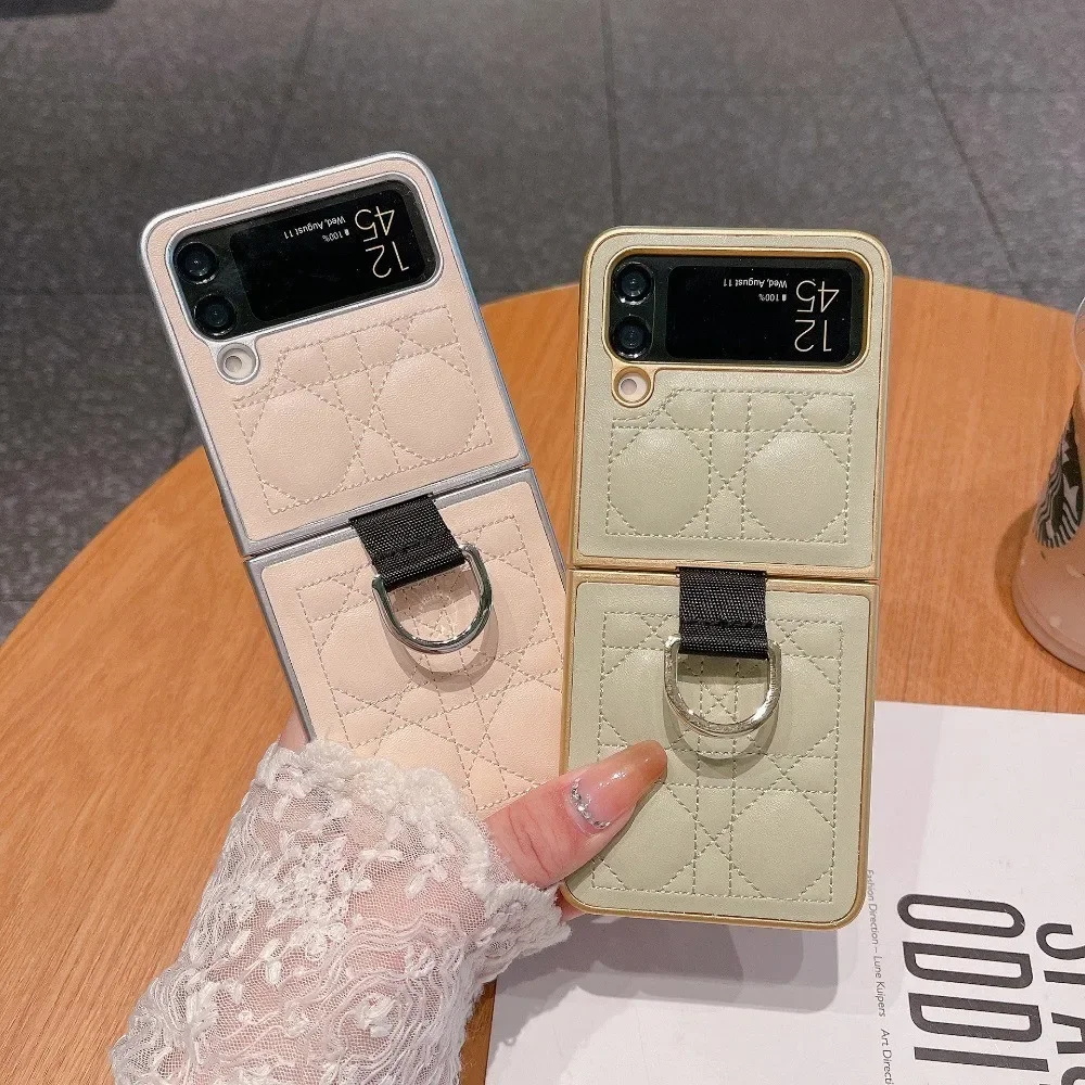 เคสโทรศัพท์มีห่วงจับนิ้วสำหรับ Samsung Galaxy Z flip 5 4 3 Flip5 Flip3 Flip4 5G เคสป้องกันหนัง PU กันกระแทก