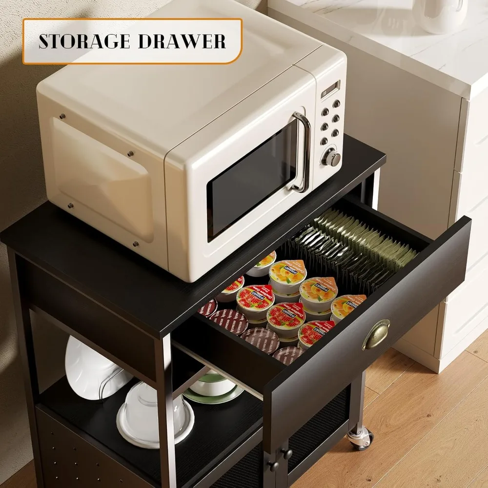 محطة عربة القهوة مع درج تخزين، حامل ميكروويف صغير مع خزانة تخزين، محطة حامل القهوة، جزيرة رولينج #5