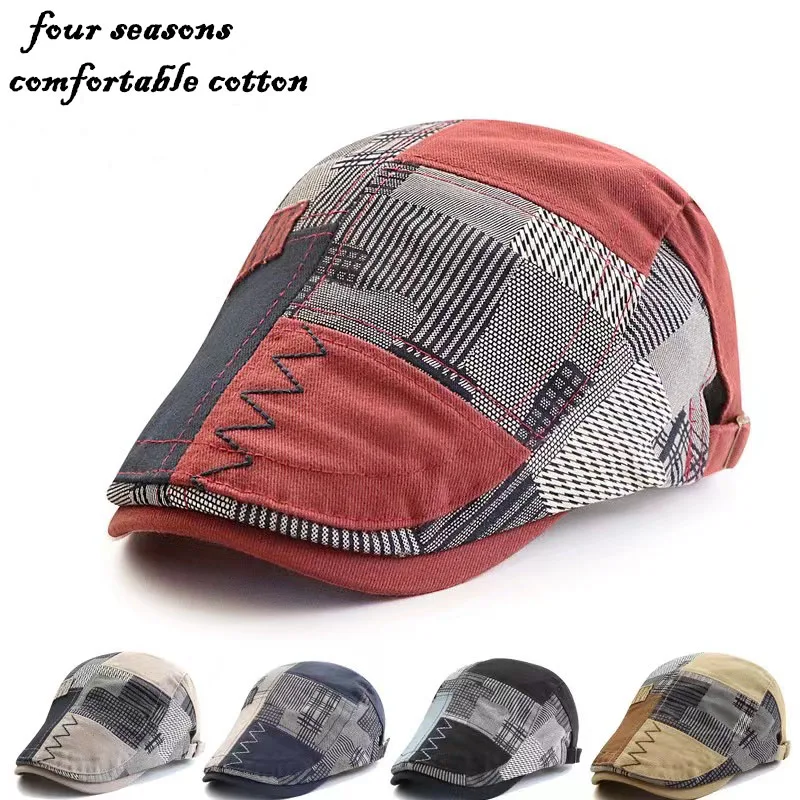 Ajustable Men's Cap Spring Sunmmer Breathable Cotton Patchwork Plaid Casquette Newsboy Beret Artist Painter Fishing Hat Women