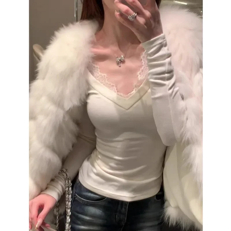 Customization French Elegant Coquette Sexy Lace Trim V Neck Long Sleeve Slim Fit Tee Women Winter Casual Date Night Daily