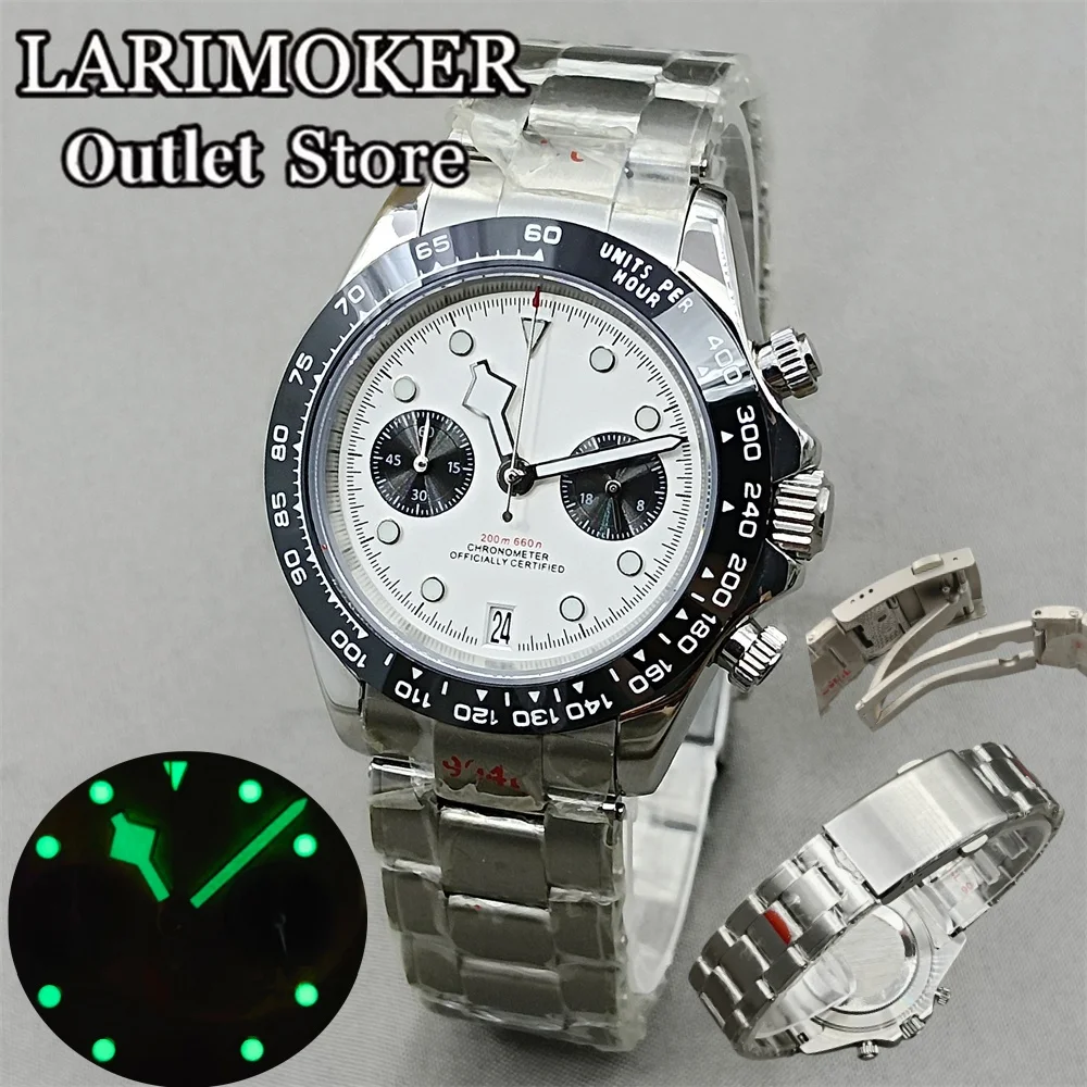 LARIMOKER 39mm VK64 Chronograph Quartz stainless steel Bracelet For Sapphire Glass Waterproof Dial Green Luminous Men Watch