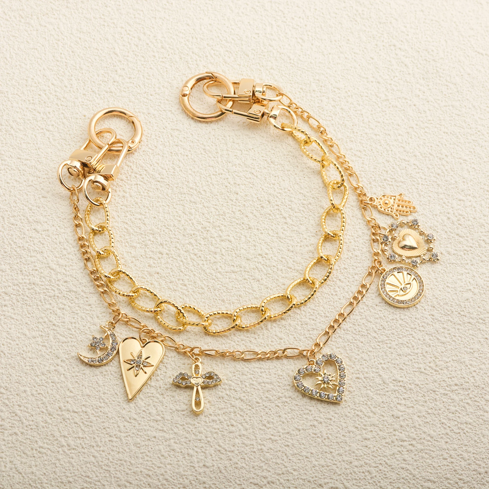 Cadena de Bolso Vintage Dorada de Doble Capa con Colgante de Corazón, Luna y Ojo Turco de Cristal Brillante para Mujer
