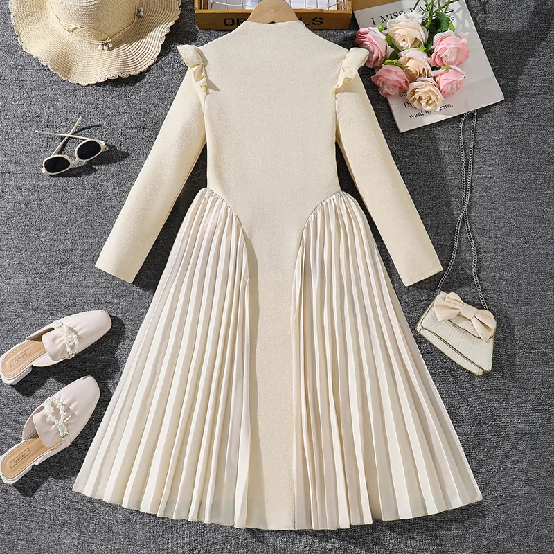 Spring Autumn New Girls Retro Dress Solid Color Patchwork Long Sleeve Dress For 8-12Y Girls Fashion Elegant Princess Dress