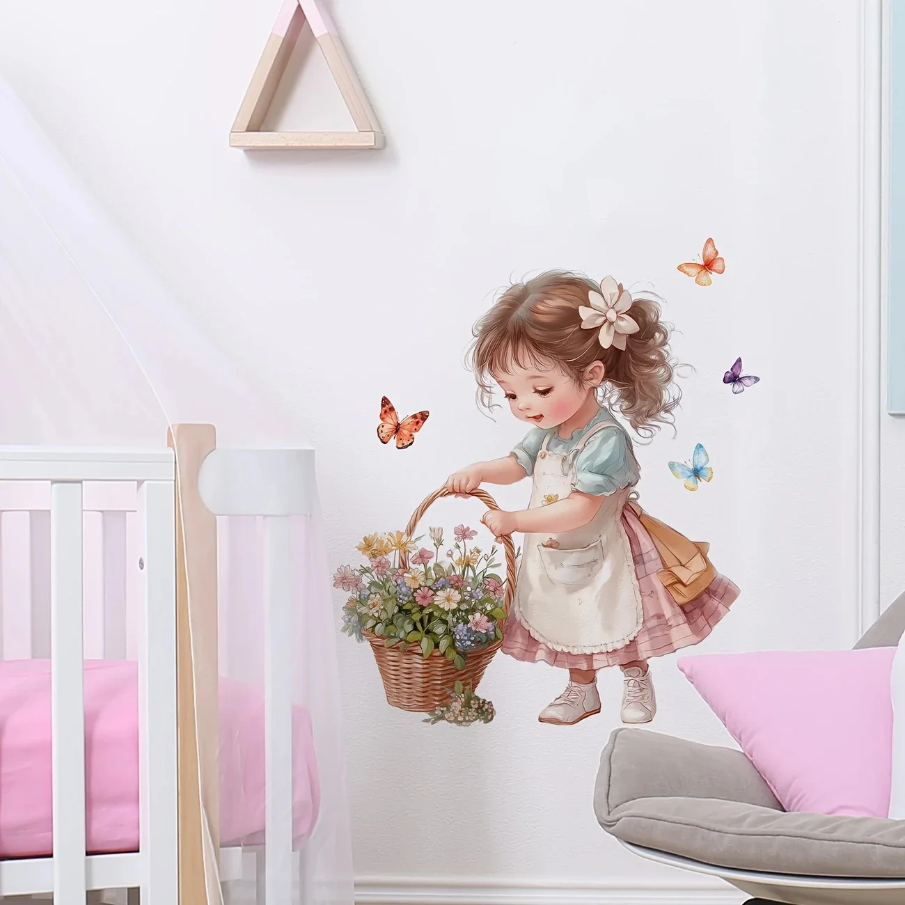 MT1104# Girl and Floral Basket Wall Sticker Decal for Bathroom & Home Decor, Irregular Shape, Easy to Apply on Walls, Toilet Lid