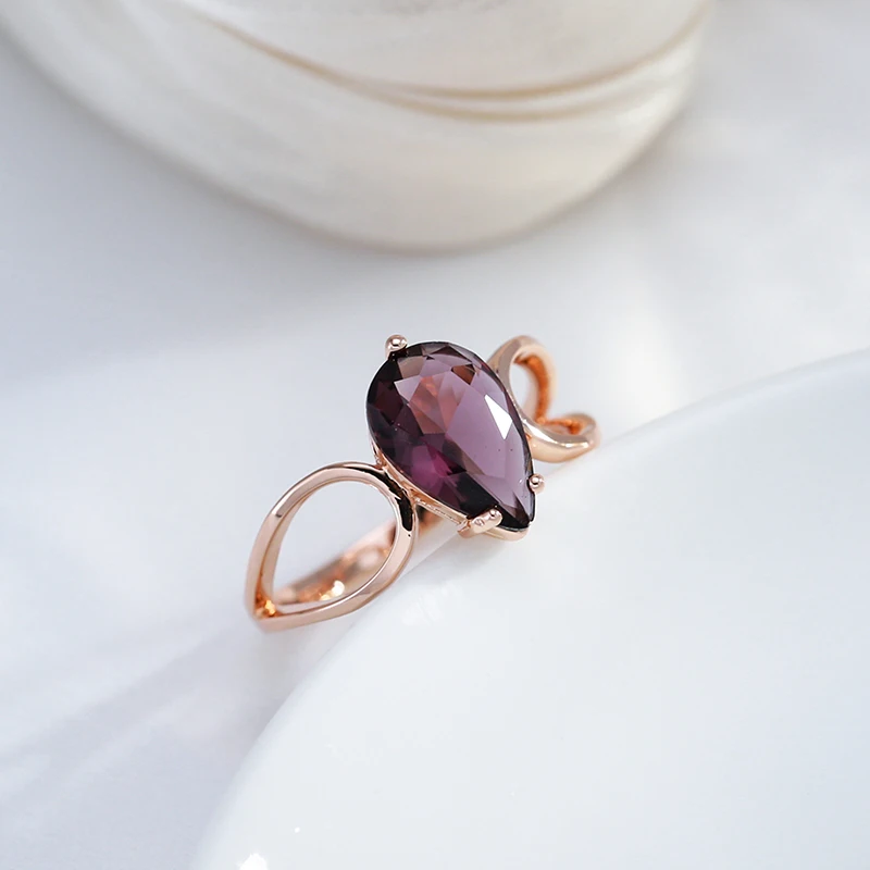 Kinel Sparkling Water Drop Purple Natural Zircon Rings for Women Luxury Unusual 585 Rose Gold Color Party Daily Jewelry 2023 New