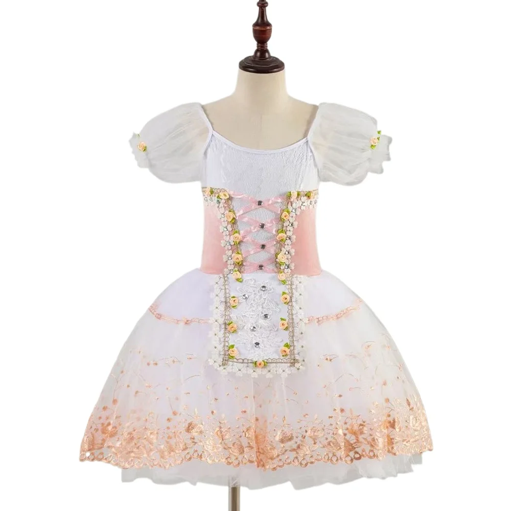 Romantic Tutu Giselle Ballet Costumes Girls Child Velet Tulle Skating Dress Ballerina Bubble Short Sleeve Lace-up Summer Dress