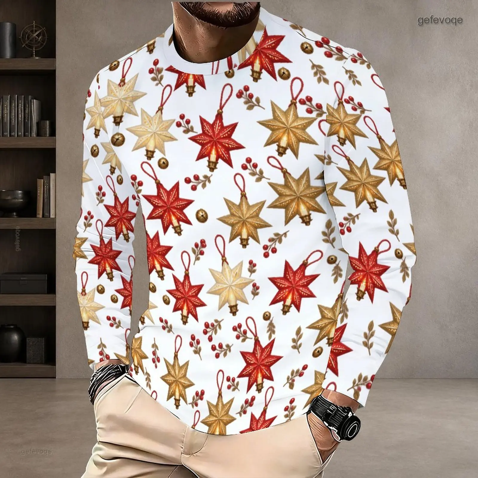 Men T Shirt with Print Round Neck Long Sleeve Pullover Straight Hem