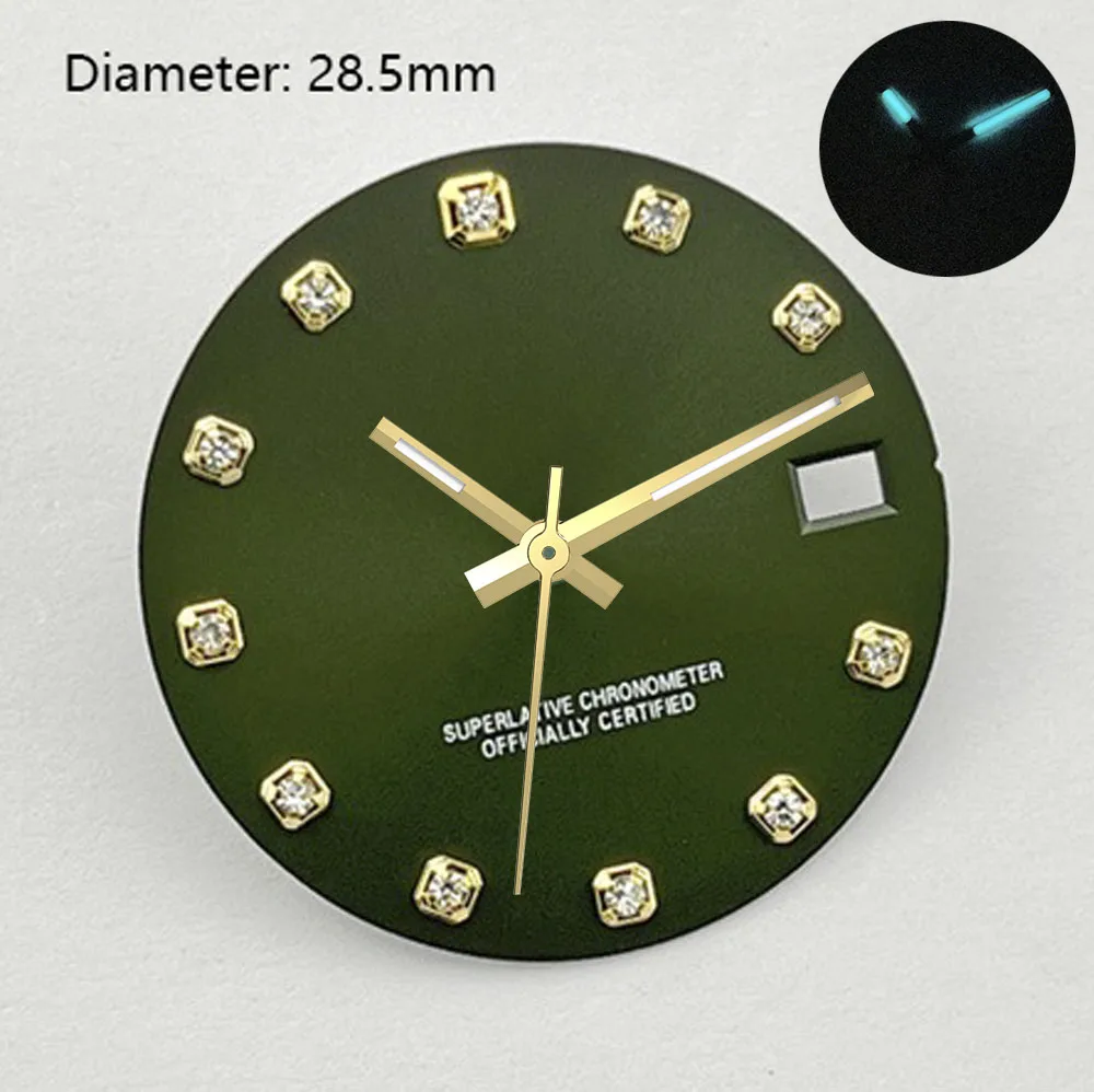 Tarcza NH35 28,5 mm oliwkowa z efektem \"sunburst\", koperta zegarka Day-Just do mechanizmu automatycznego NH35, akcesoria do zegarków, możliwość personalizacji logo.