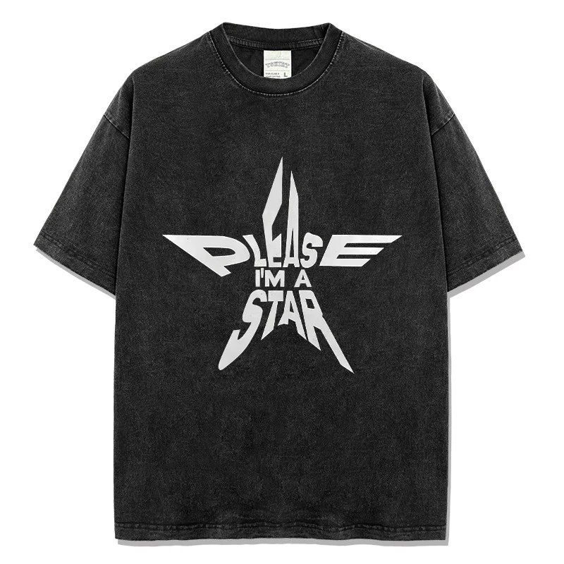 

Summer Men's Casual T-shirt Washed Color Designer Short Sleeve T Shirt Please I'm a Star Print Pure Cotton Male Y2k Tops