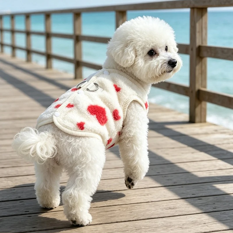 Button-Up Dog Vest & Winter Pet Cat Clothes, Double-Sided Fleece Heart Pattern Sleeveless Jacket for Bichon & Yorkie