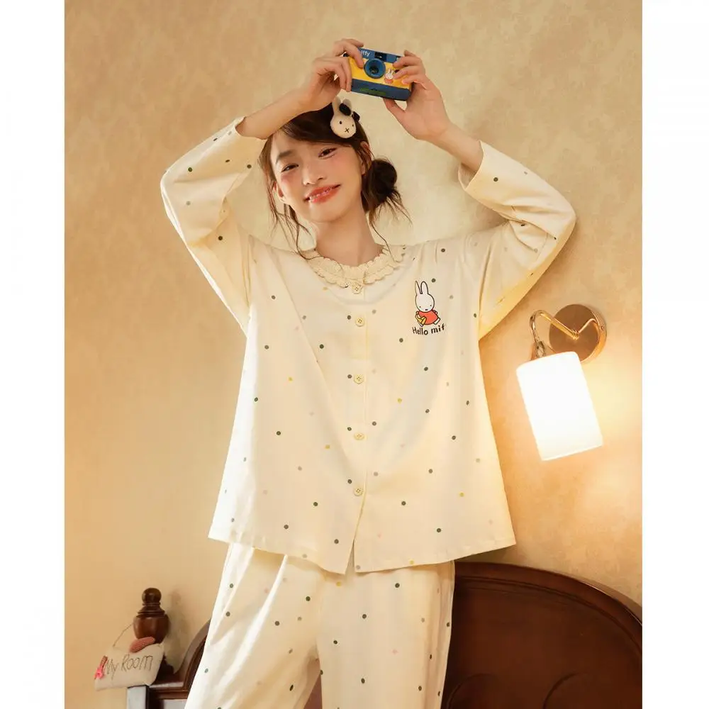 طقم بيجامات أرنب منقط من ميفي قميص وسراويل قطنية ناعمة باللون البيج بأكمام طويلة ملابس نوم للنساء ملابس نوم تصميم أنيمي لطيف #3