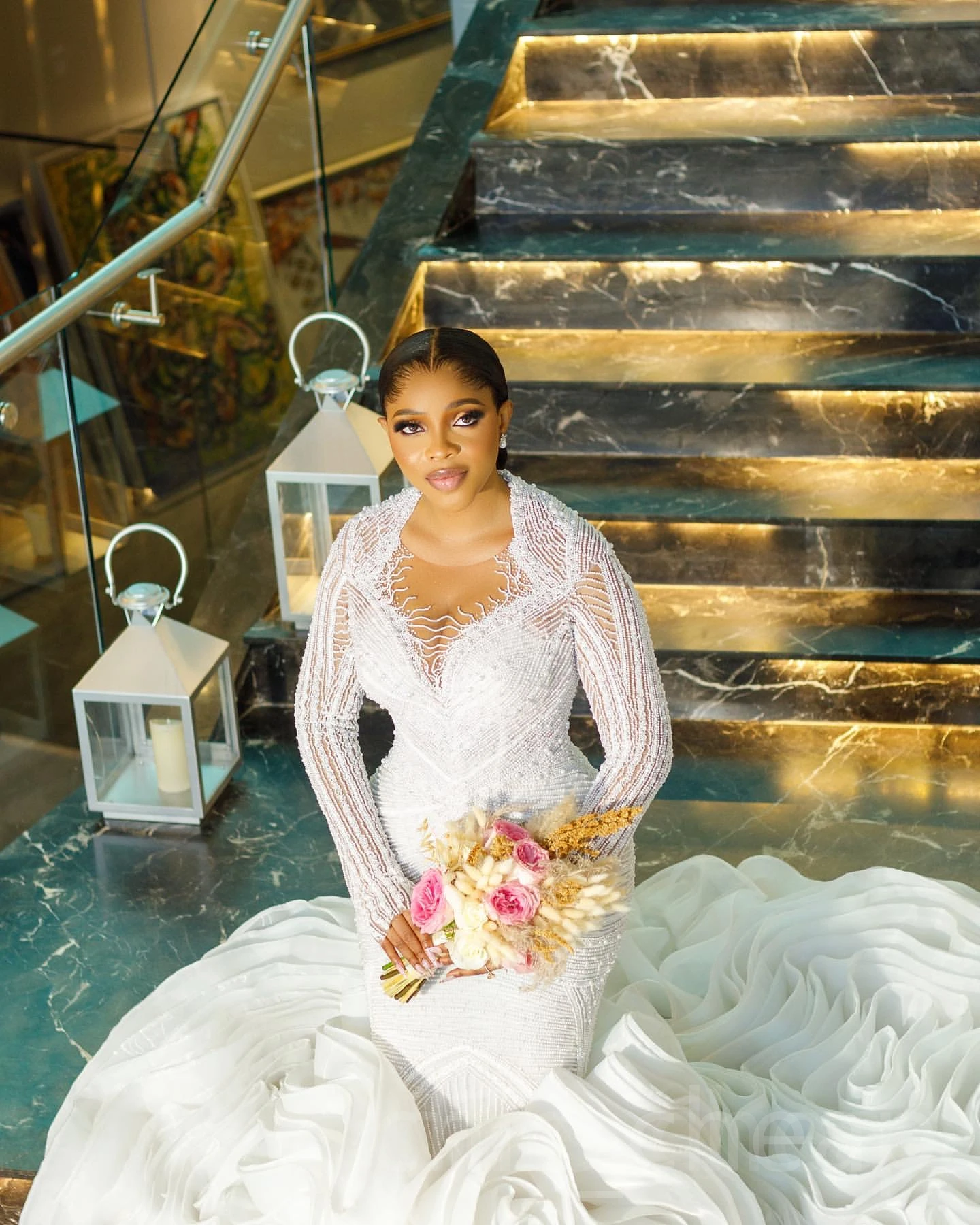 Robe De mariée personnalisée à paillettes et perles lourdes brillantes, manches longues, volants en cascade, robes De mariée luxueuses