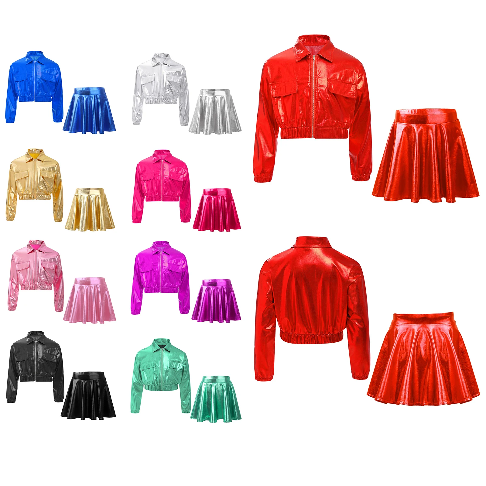 Girls Hip Hop Jazz Dance Performance Costume Metallic Shiny Dancewear Long Sleeve Zipper Crop Baseball Jacket with Culottes Set