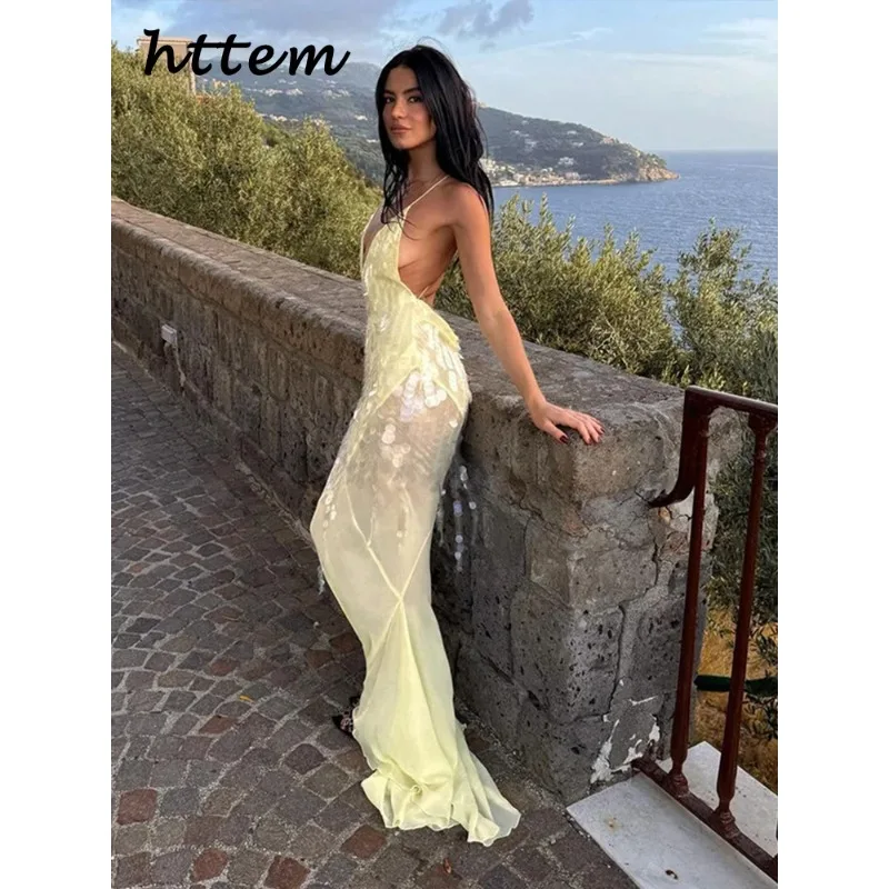 

Sexy Sequins Backless Long Mermaid Dress Women Bodycon Halter Neck Sleeveless See Through Party Dresses 2024 Autumn Evening Gown