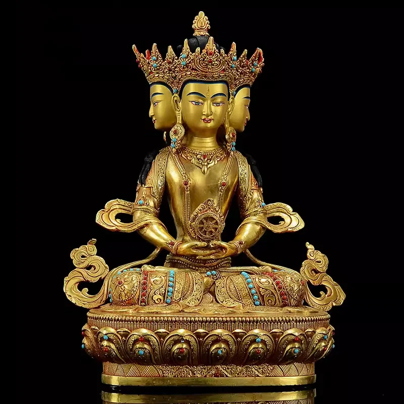 Exquisite copper gilded inlaid colorful beads exquisite crafted carve Vairocana Buddha Statue Feng Shui auspicious ornaments