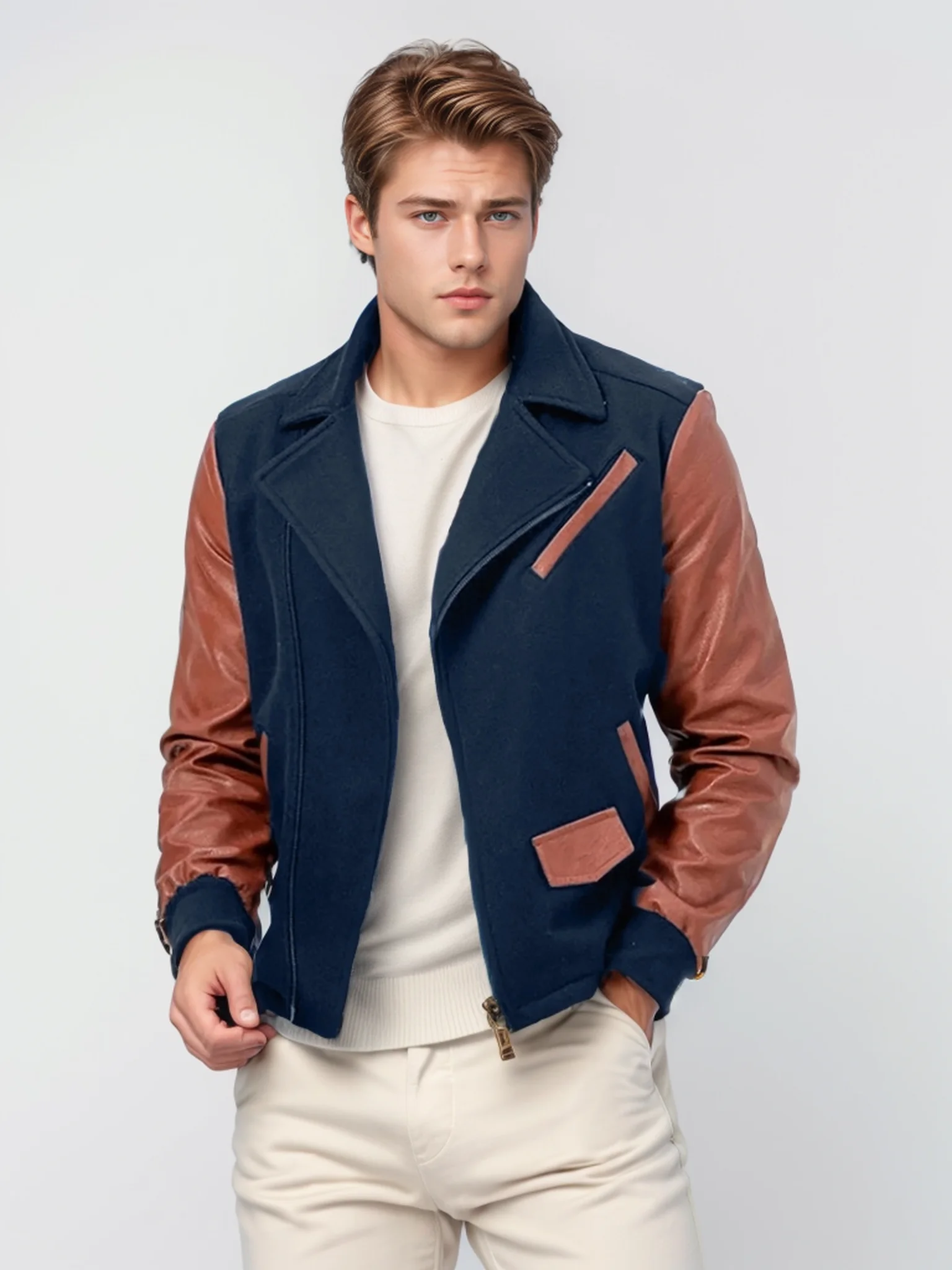 Men\'s new PU leather jacket spliced ​​woolen lapel jacket color matching trendy versatile men\'s clothing zipper jacket