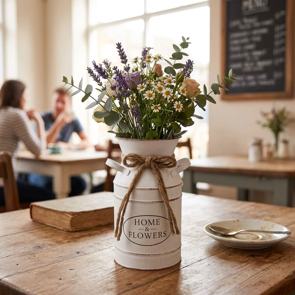 Classic Rustic Style Farmhouse Vintage Vase Galvanized Iron Decorative Flower Jug Two Side Handle Flowerpot Home Decor