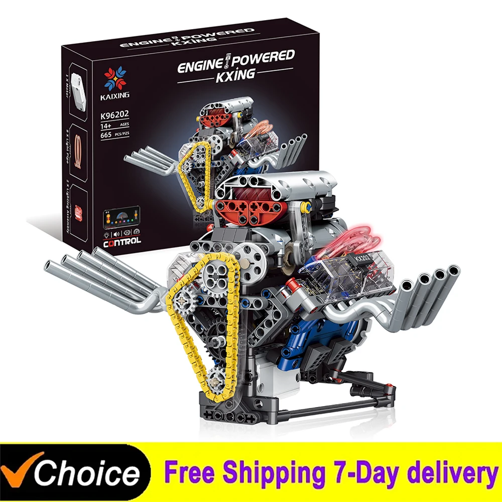 665Pcs Technical Car Part Building Block The Motorzed V8 Engine Model Set With LED Light Assembly Brick Toys Kids Christmas Gift