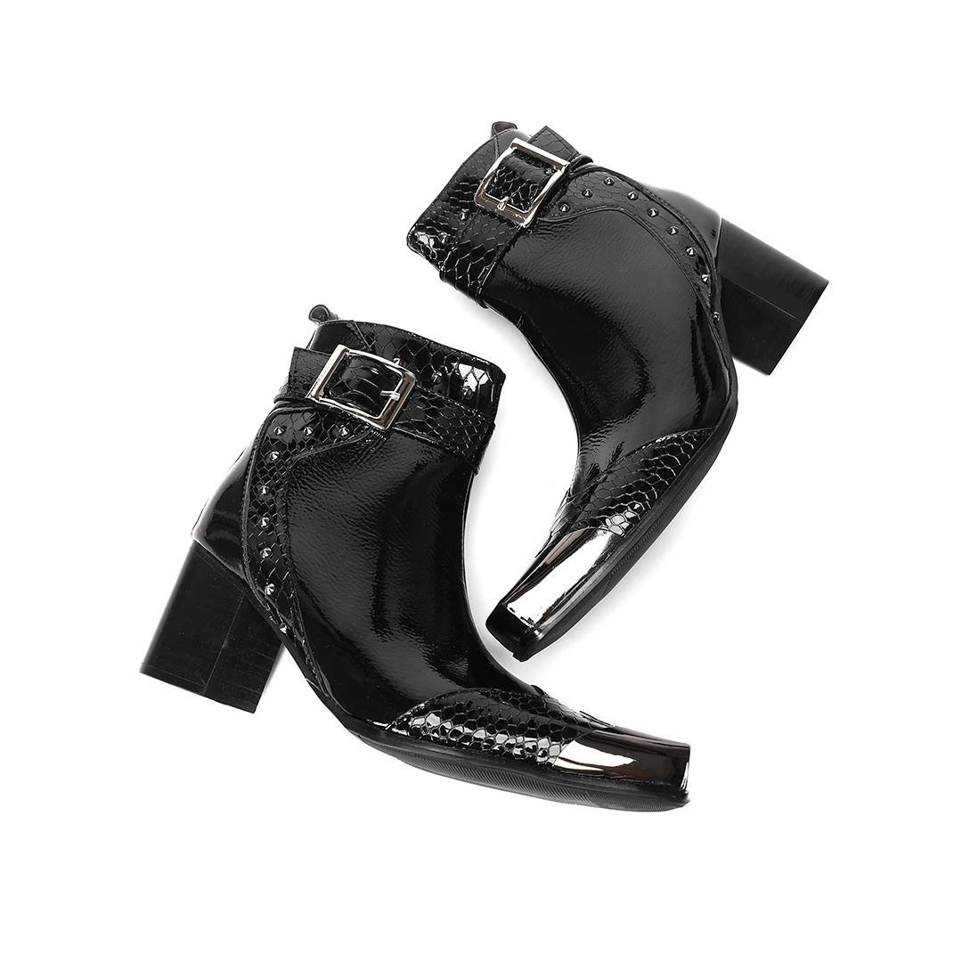 Fashion Square Toe Men Genuine Leather High Heel Boots Big Size Buckle Strap Night Club Party Ankle Boots Male Latin Dance Shoes