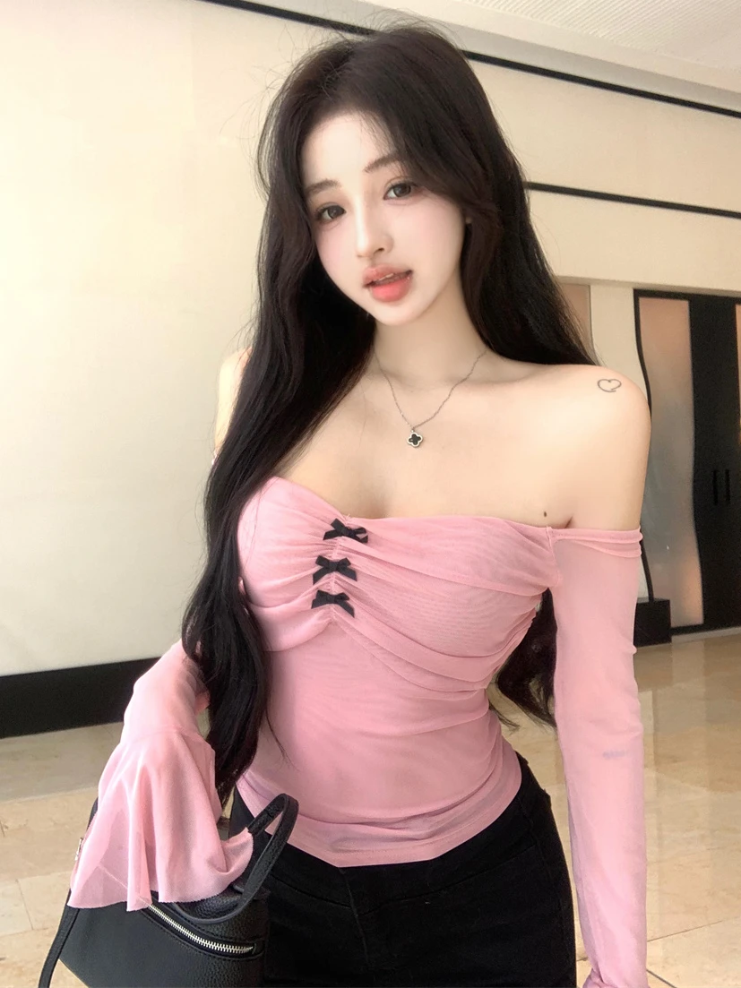 Deeptown Pink Off Shoulder Cropped T Shirts Women Korean Fashion Sweet Bow Mesh Tops Coquette Aesthetic Slim Long Sleeve Tees