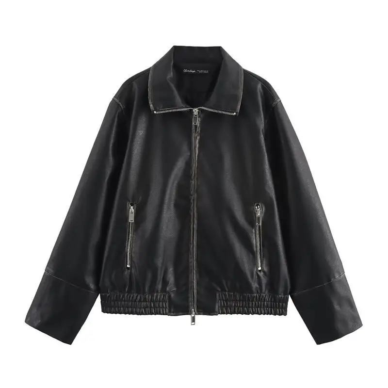 Faionable Long Sve Leather Jaet Outerwear Top Spring New Arrival Versatile B48865 Women's Premium Quali Zipper Design