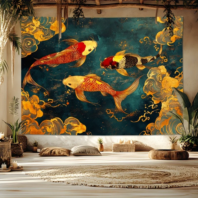 VIKAMA Chinesischer Koi „Golden Cloud“ Wandteppich, perfekt für Wohnzimmer, Schlafzimmer, Partys und Feiertagsfeiern