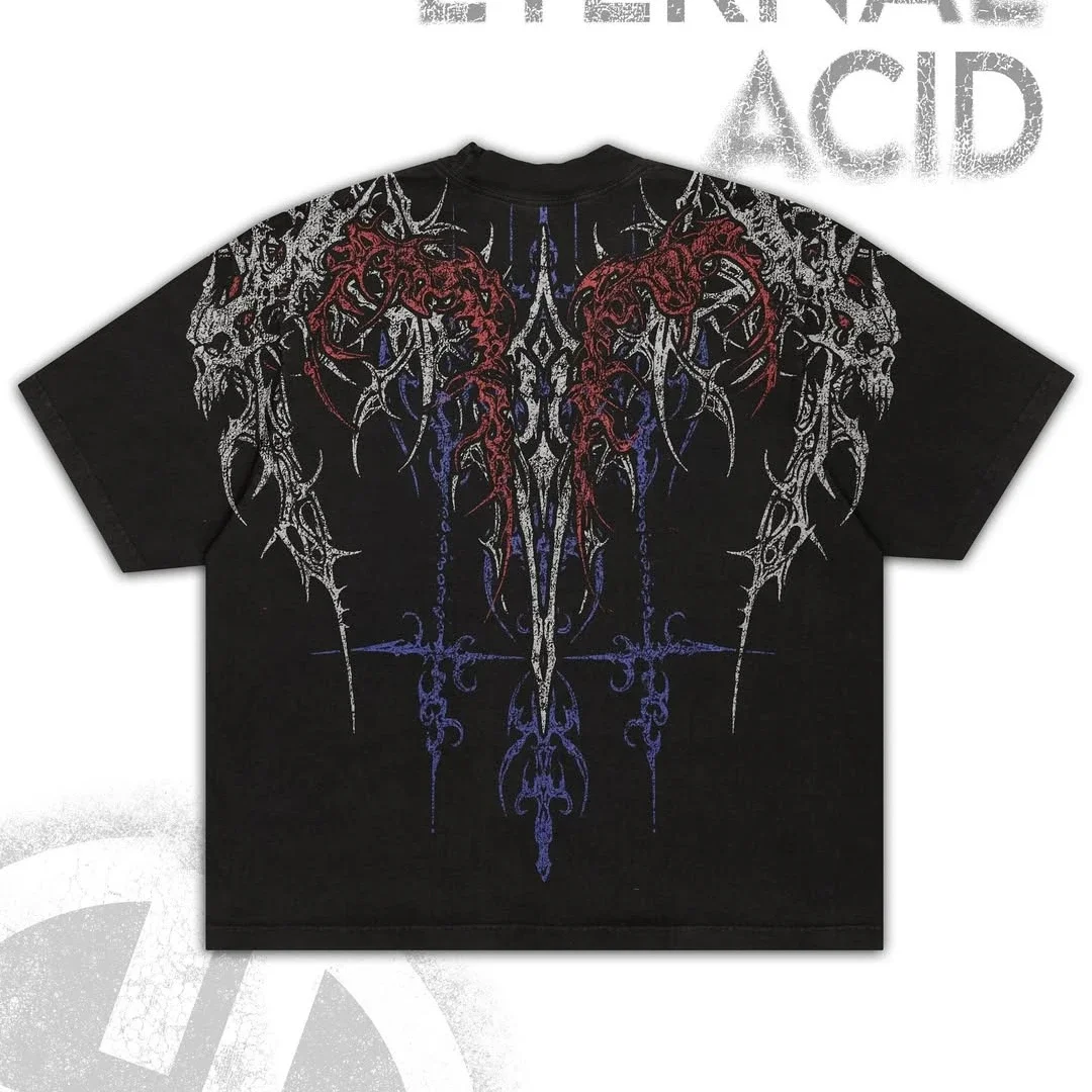 Gothic Cyberpunk T Shirt Haunting Shadows Dark Fantasy Art Print Oversized Boxy Crop Top in Thick Cotton Unisex Streetwear