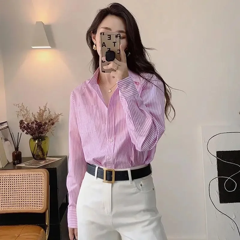 春秋の女性用ストライプシャツコート、レディースファッション長袖シャツトップス、フランス風女性用プレミアムフレッシュカジュアルカーディガンブラウス