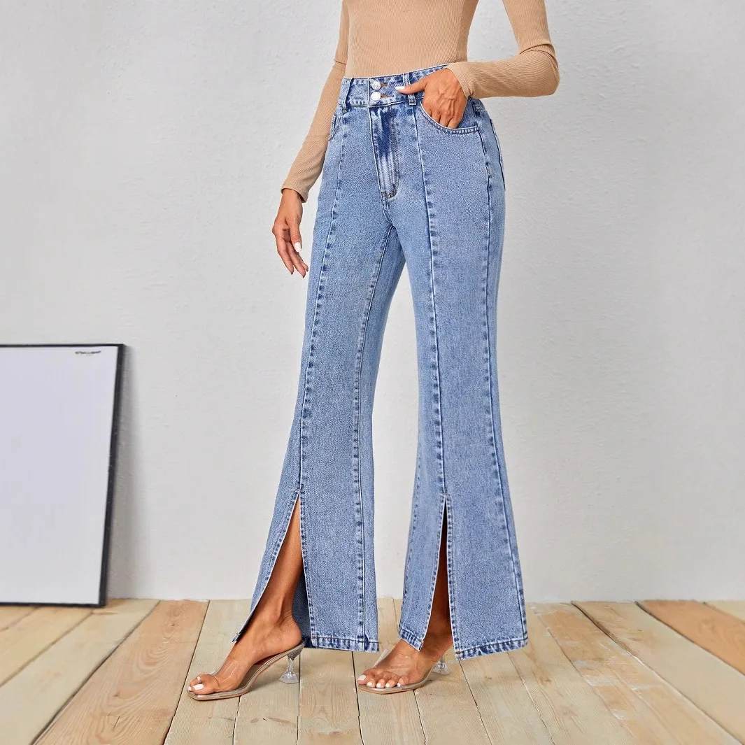 Women Autumn Winter Style High Waist Elastic Dragging Jeans Split Design Slim Fit Long Pants Cotton Elastic Fabric