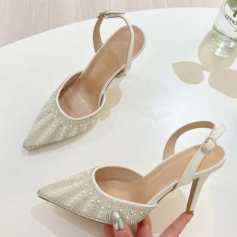 Eilyken Street Style Crystal Bead Buckle Strap Women Pumps Sandals Sexy Pointed Toe Thin High Heels Banquet Party Mule Shoes