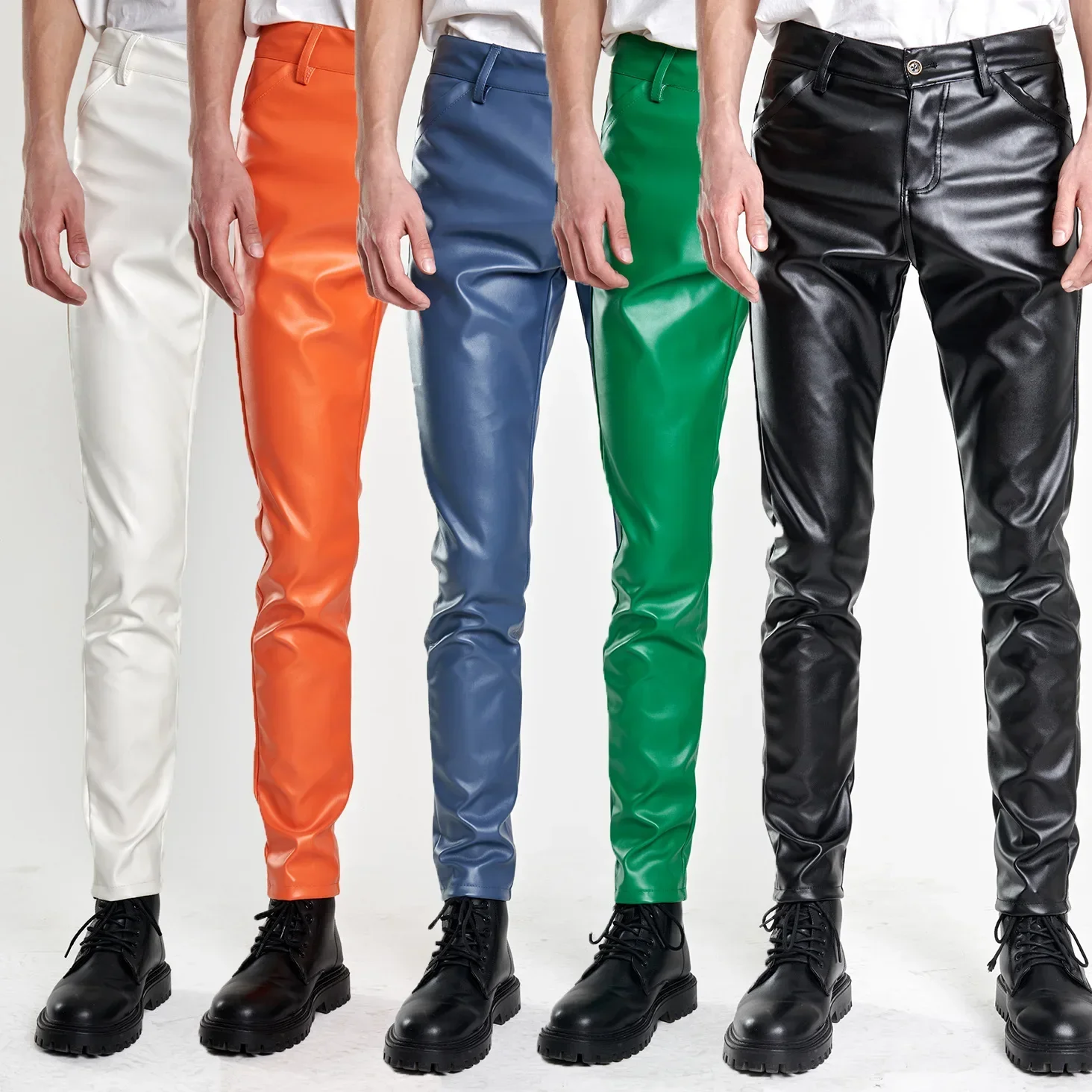 Spring and Summer Thin Youth Leather Pants for Men Stretch Slim Fit Popular Green Bar Orange Breathable Mens Leather Pants