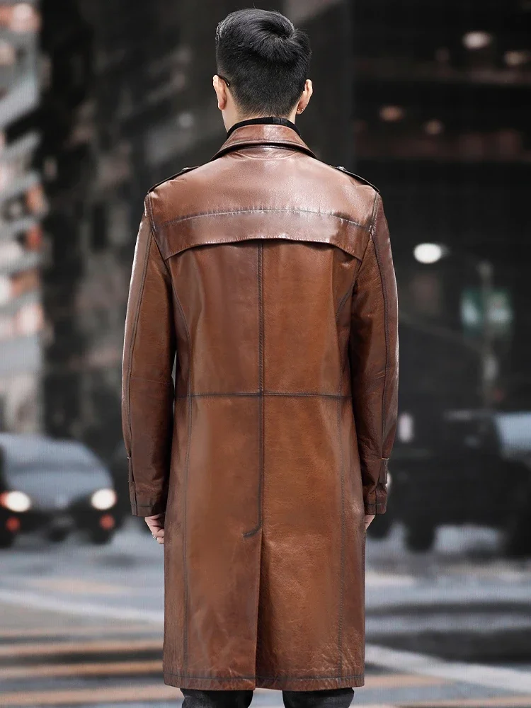 Spring Autumn Long Natural Sheepskin Men's Trench Coat Brown Lapel Genuine Leather Jacket Men Luxurious Overcoat Plus Size L-6XL