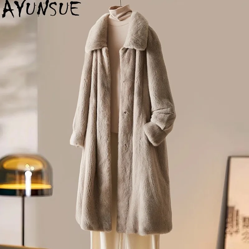 AYUNSUE corss معطف فرو المنك ملابس حريمي معاطف فرو حقيقي فاخرة سترة شتوية من المينك الطبيعي نمط طويل شوبانا Жenca نمط طويل