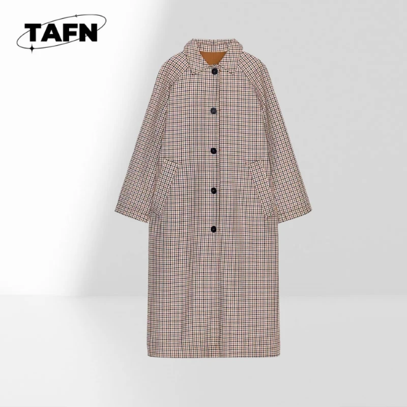 Cotton Plaid Stand Collar Button Front Oversized Outerwear Vintage Loose Long Sleeve Fall Winter Ladies Jacket  BH1963