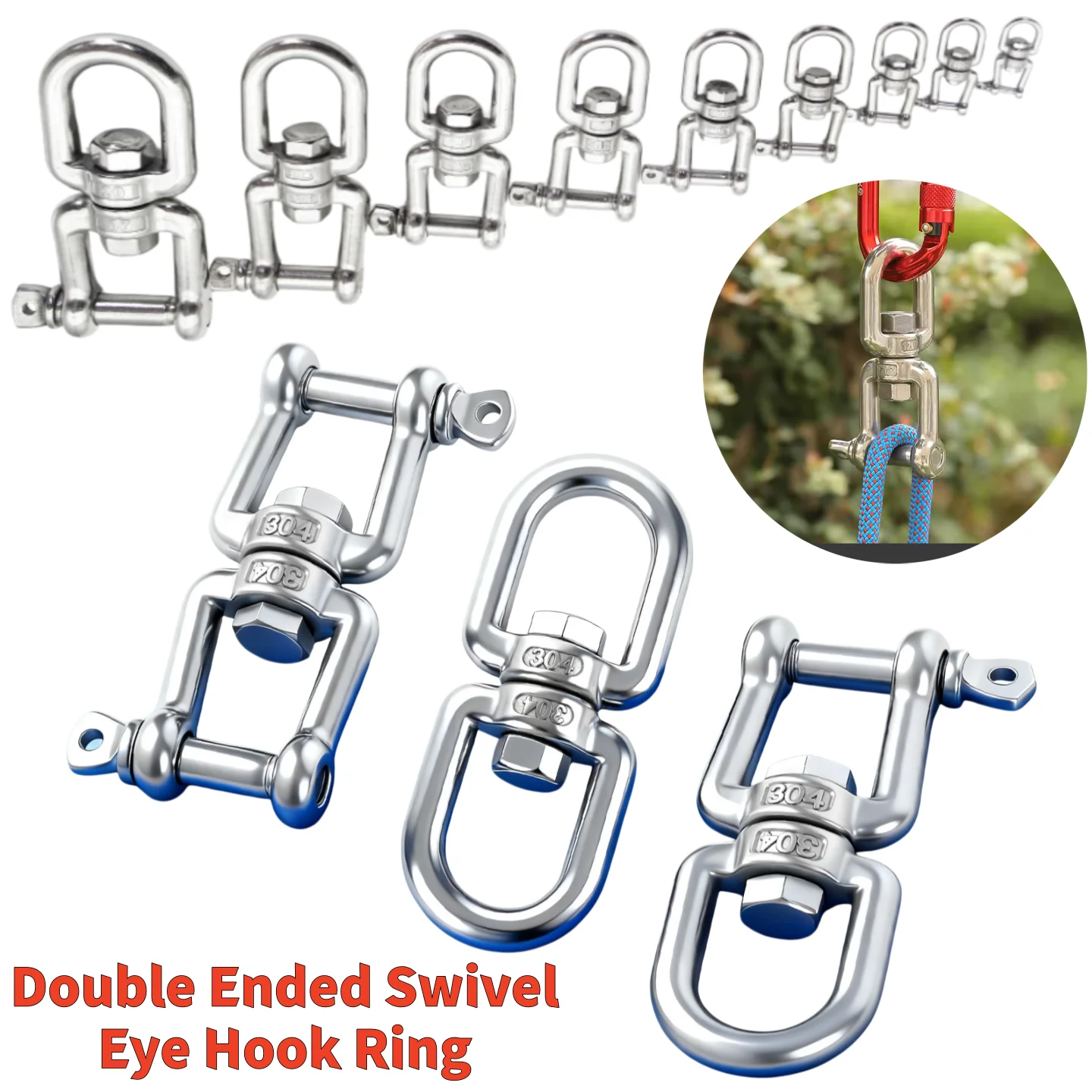 304 Stainless Steel Double Ended Swivel Eye Hook Ring Connector M4-M16 universal rotating OX rotating ring chain buckle ring
