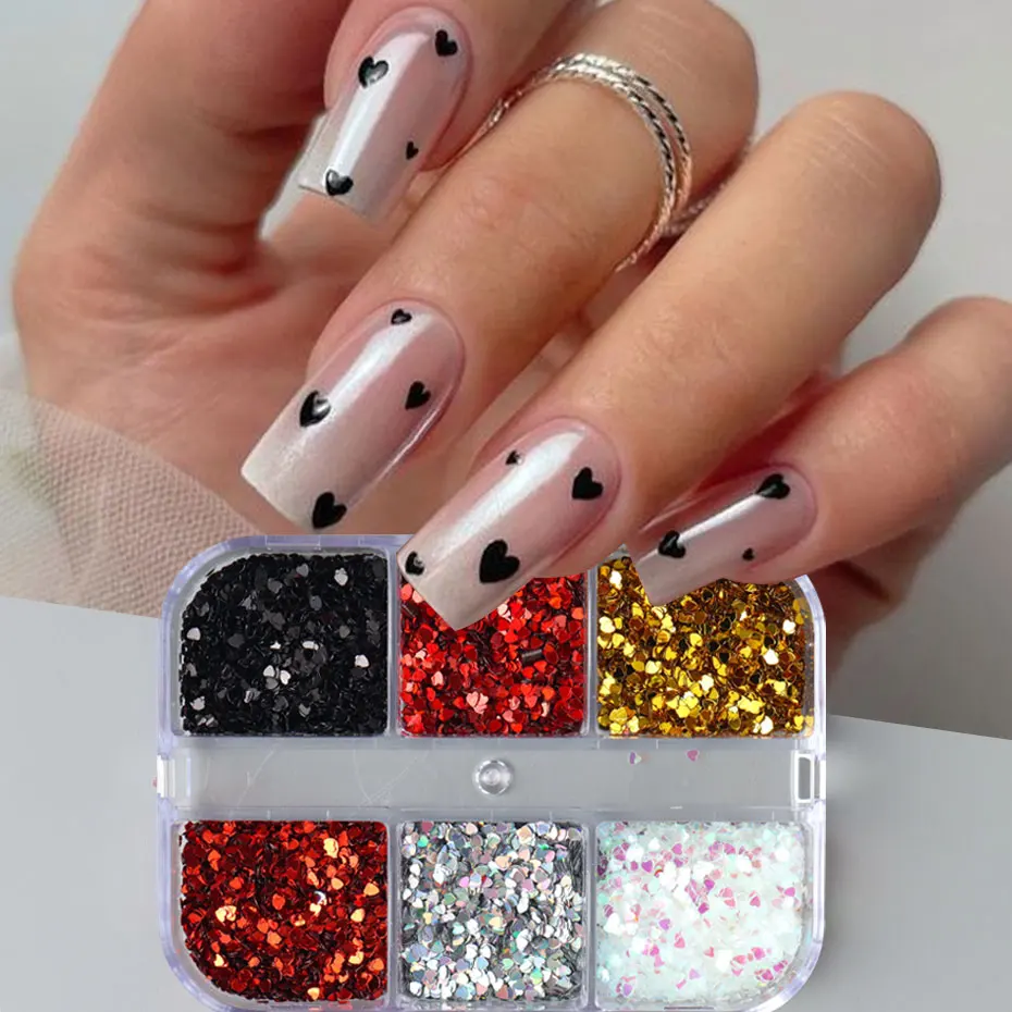 6 กริด Y2K น่ารักหัวใจ Glitter เล็บ Kawaii Mini Golden เลเซอร์ Silvery Love เล็บ Flake เกาหลี Star DIY เล็บ Charm อุปกรณ์