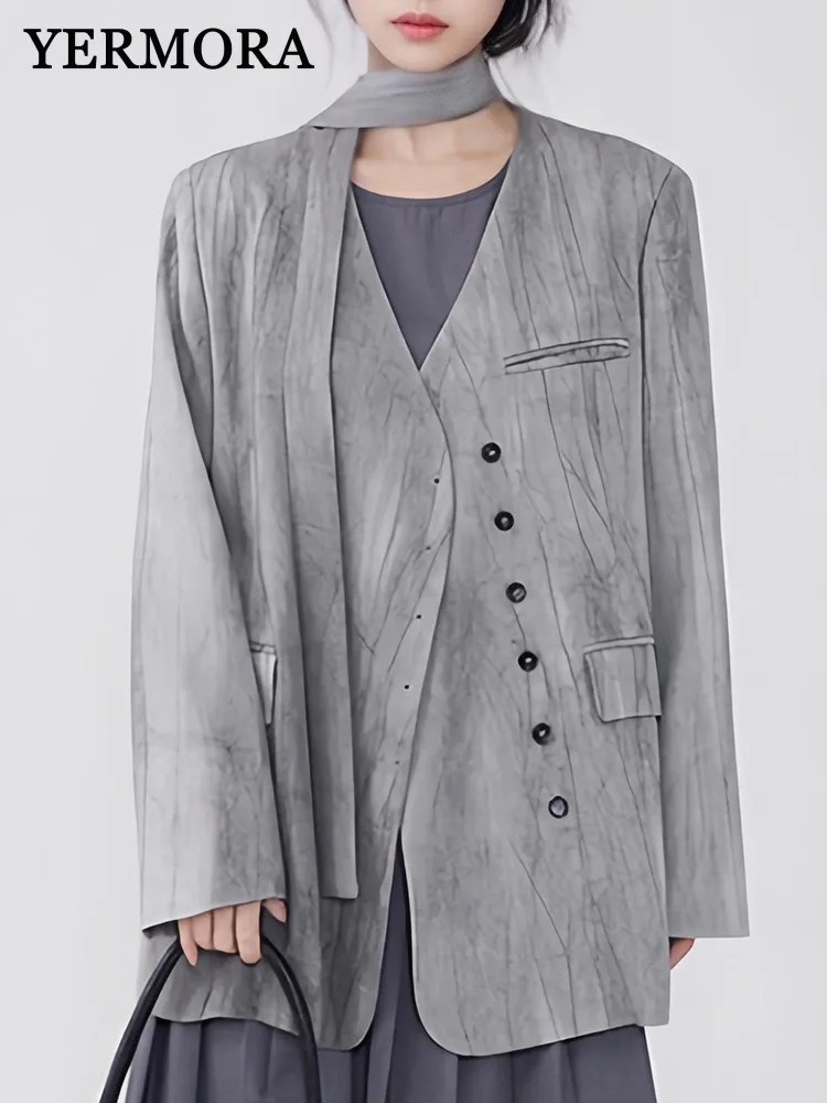 YERMORA Gray Irregular Buckle Blazer For Women V-neck Long Sleeve Fashion Tide Loose Fit Jacket Spring Autumn 2024 New A105