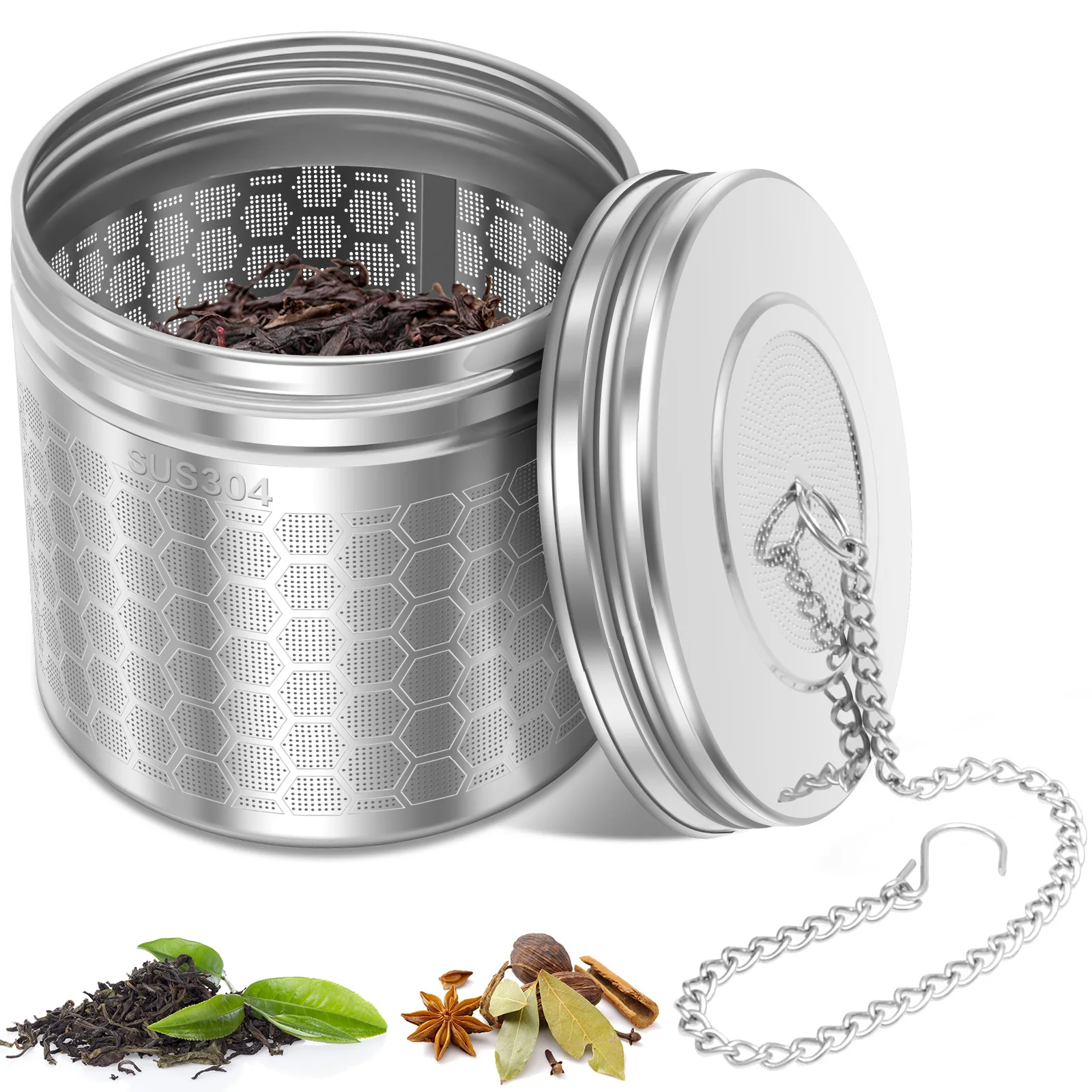 

Ситечко для чая из нержавеющей стали, ситечко для заварки чая с очень мелкой сеткой, удлиненной цепочкой и S-образным крючком, ситечко для заварки специй для приготовления пищи