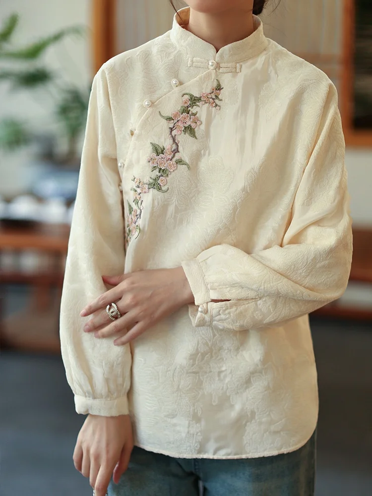 

Young Ele ort Top in Jiangnan Sle with Embroidery Retro Tea Costume Daily Wear Comfortable Long Sve