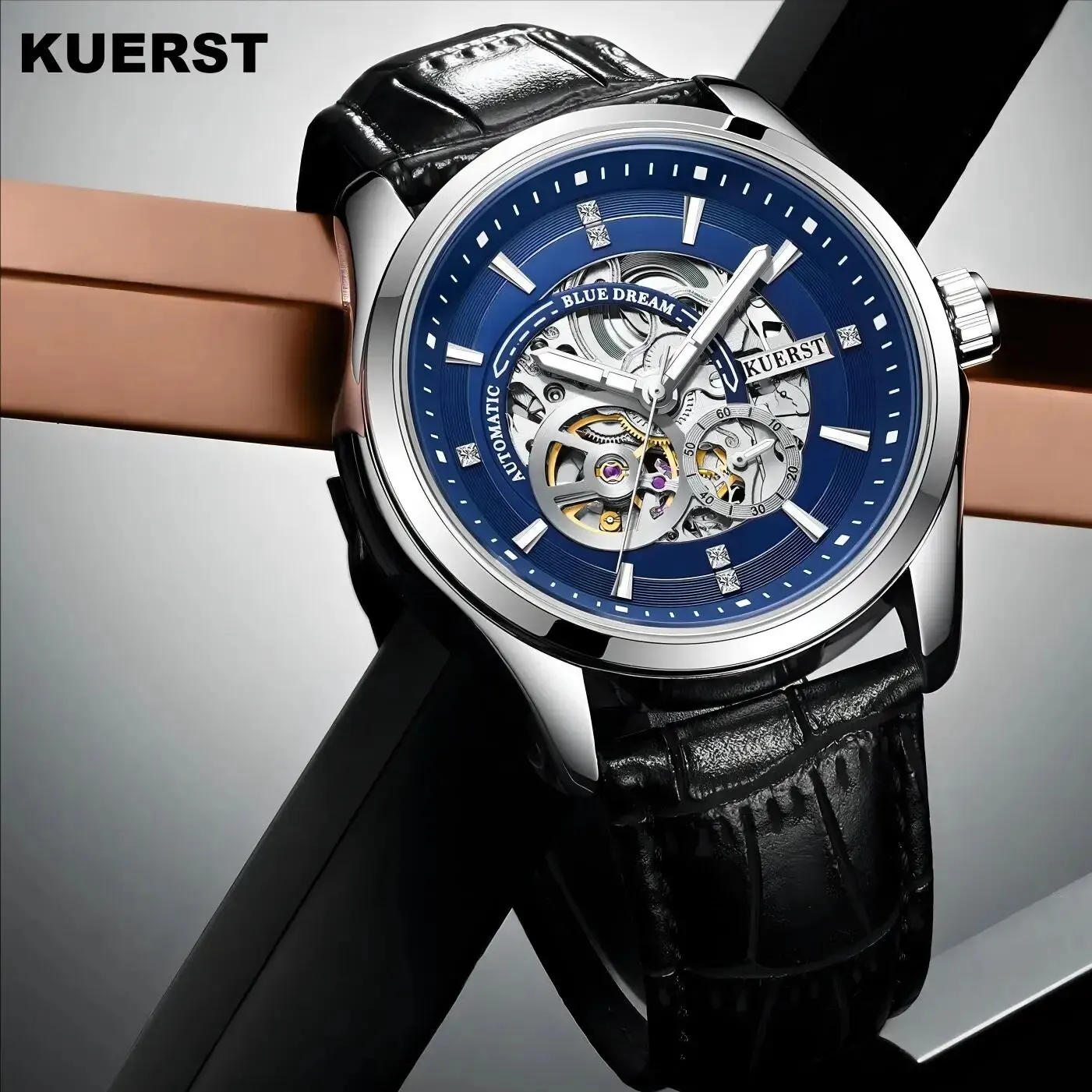 KUERST Official Automatic Mechanical Double Press Bow Buckle Watch Youth Waterproof/glow-in-the-dark/double Seconds/hollow Watch