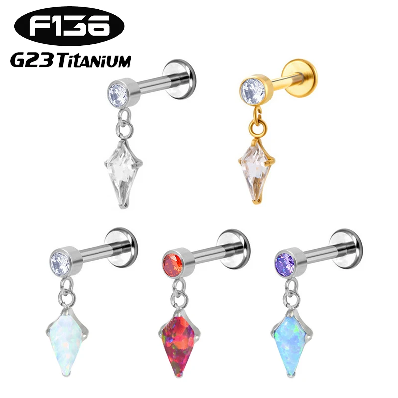 1PC G23 Titanium 16G Rhombus Kite CZ Labret Stud Internal Thread Tragus Cartilage Stud Earring Flatback Helix Piercing Jewelry