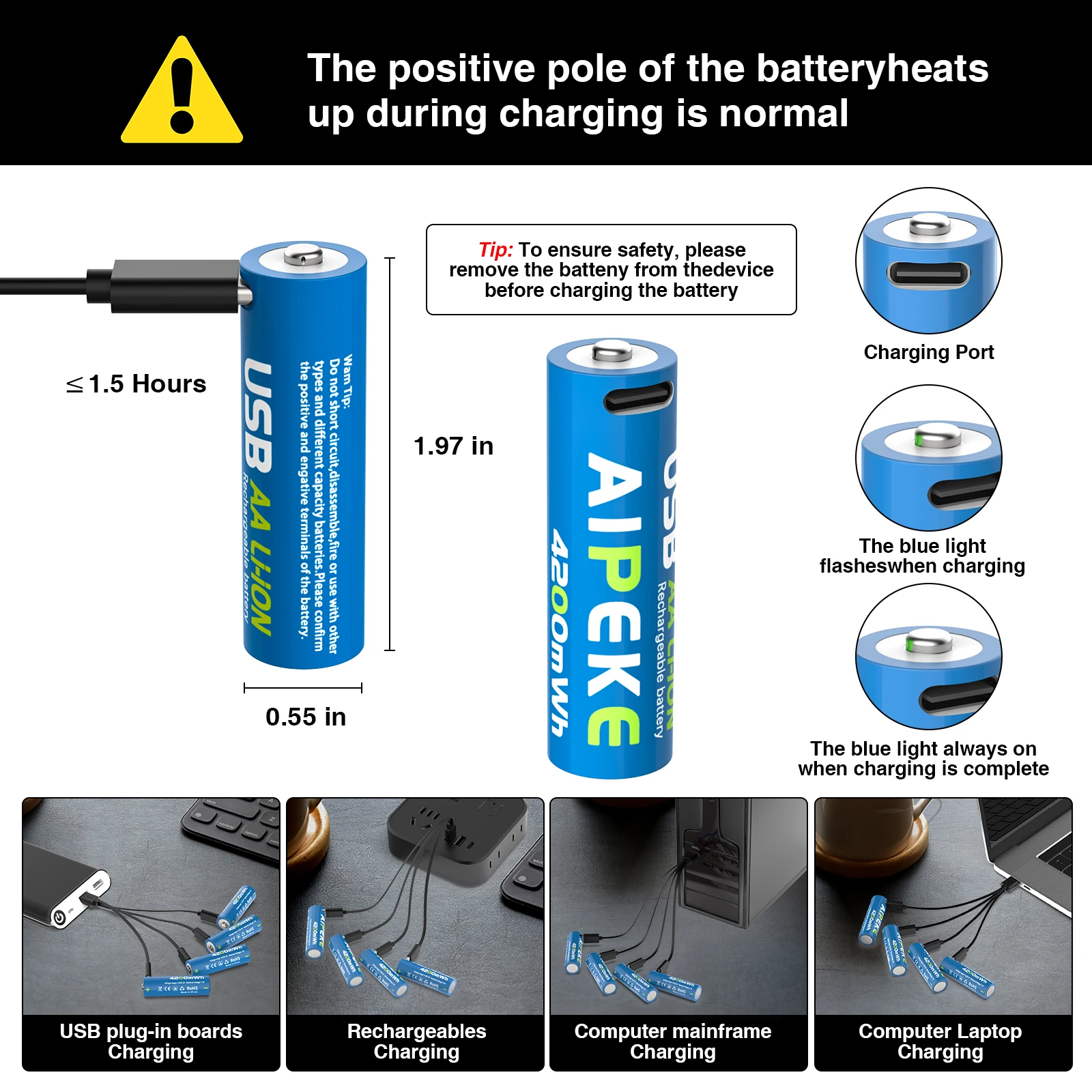 AIPEKE 1.5V 4200mWh Aa Rechargeable Batteries usb c rechargeable battery aa for Camera Remote Control Mouse Smart Door Lock