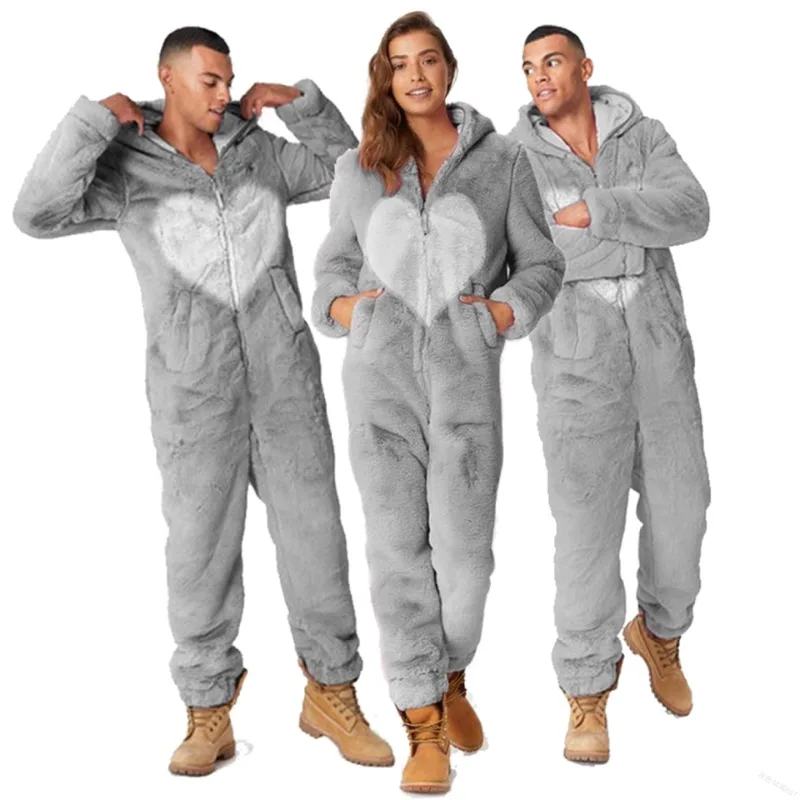 

Cute Plus Size Women's Winter Thicken Warm Romper Pajamas Casual Fluffy Fleece Zipper Loose Hooded Jumpsuit Casual Unisex