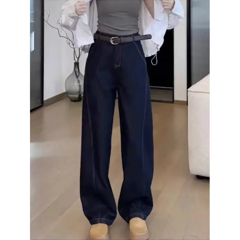 

Женские 2026 темно-синие широкие джинсы с высокой талией и контрастной строчкой, повседневная модная уличная одежда, модные свободные джинсовые брюки, брюки